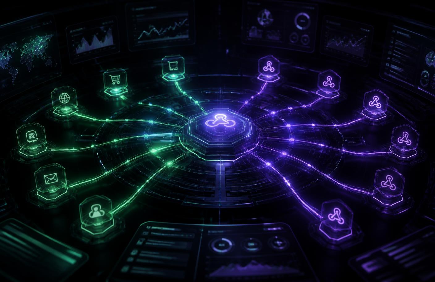 Central de APIs futurista com endpoints e webhooks conectados