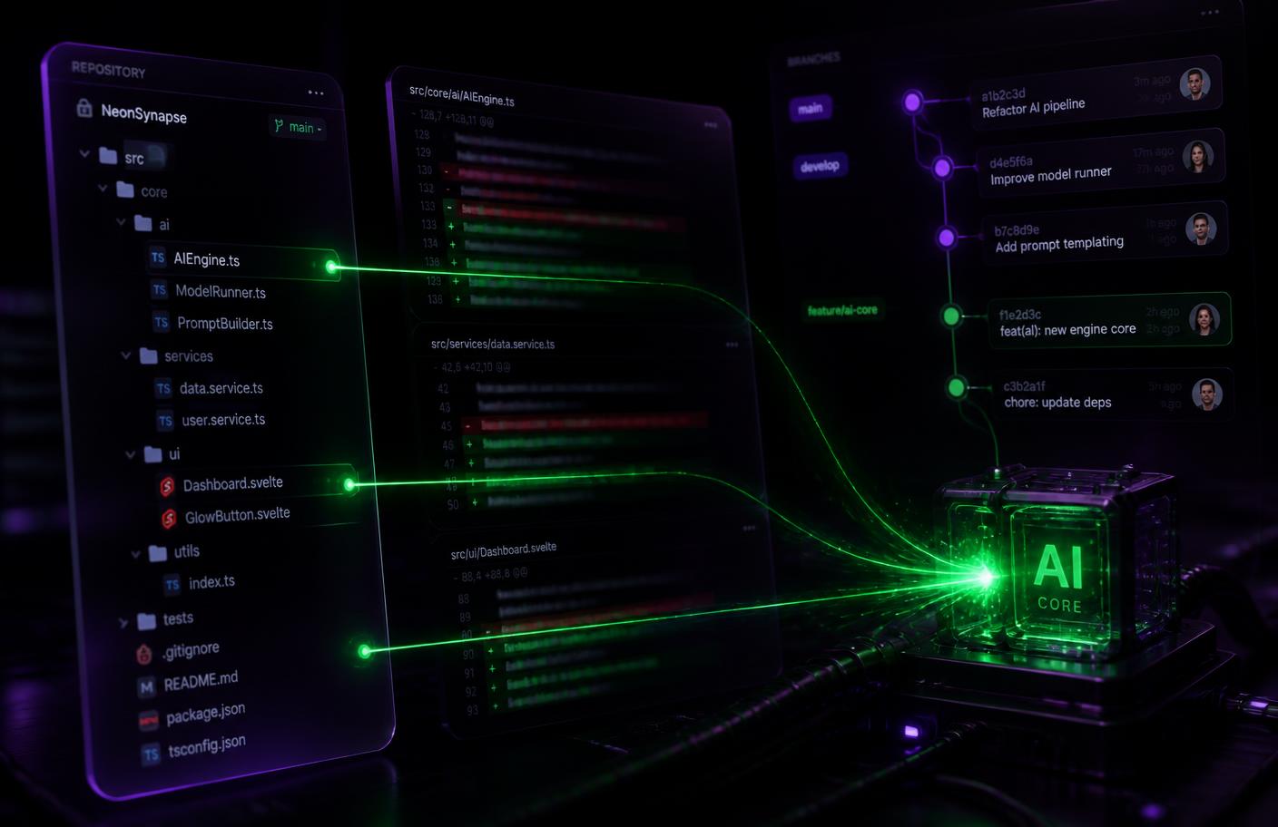 Repositório com arquivos, commits e alterações acompanhadas pelo agente